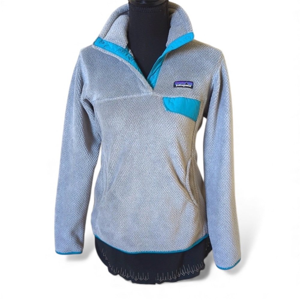 Patagonia Women's Re-Tool Snap-T Pullover fleece gray /teal or turquoise‎ trim